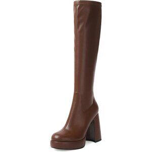 Women's Brown Platform Knee High Boots Chunky Heel Rounded Toe Zipper